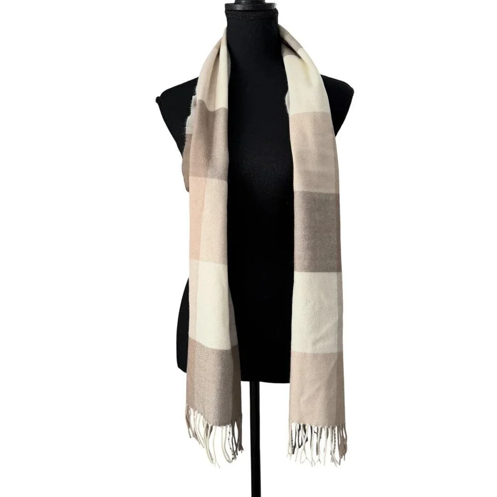 100% Cashmere Wool Plaid Scarf Muffler Tan Brown Scotland